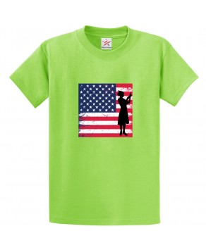 American Flag with Silhouette Lady Classic Unisex Kids and Adults T-Shirt